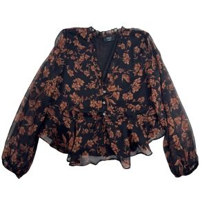 Vici Floral Blouse Womens Large Blk Brown Ruffle Croquette Whimsy V Neck Peplum